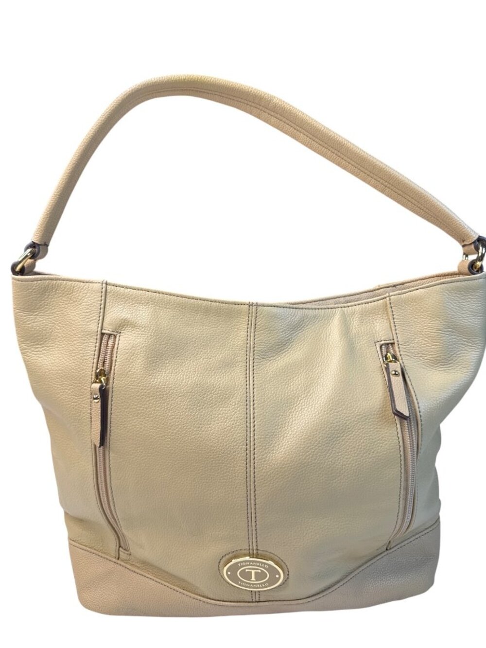 Tignanello Beige Pebbled Leather Shoulder Bag With Gold Hardware & Zipper Accent